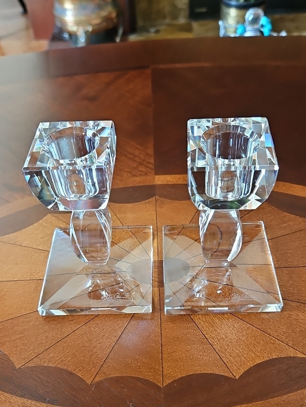 Oleg Cassini Signed Crystal Candlestick Holders Taper Candle Modern Set of 2